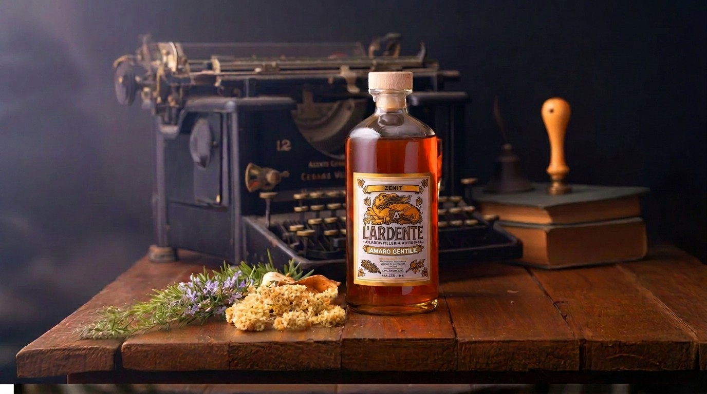 Bottiglia di Zenit Amaro Gentile de L'Ardente Micro Distilleria Artigiana con botaniche in primo piano