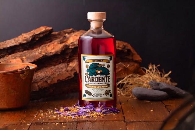 Bottiglia di Spinosa Liquore Low Alcol de L'Ardente Micro Distilleria Artigiana con botaniche in primo piano